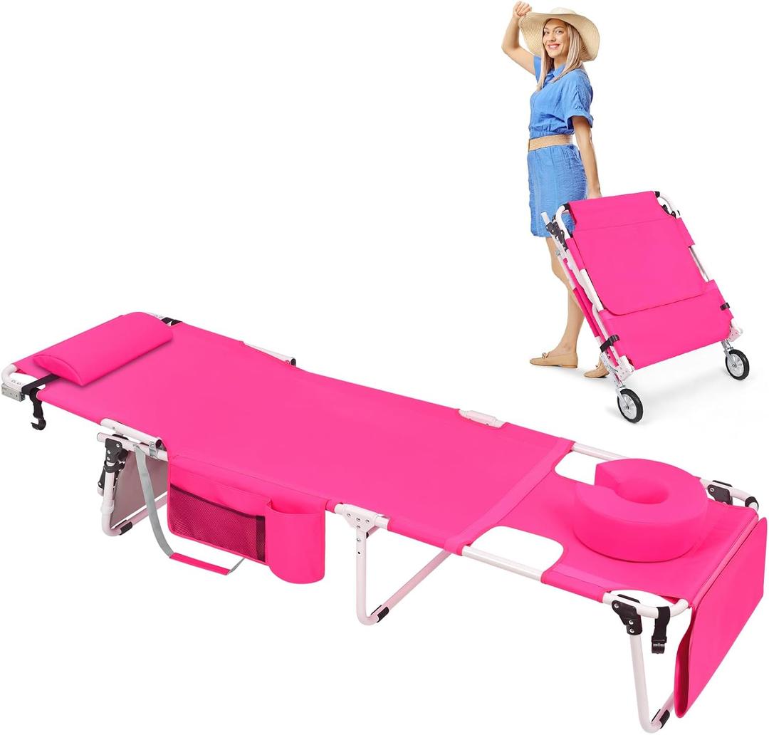 Wheel-To-Go Oversized Tanning Chair with Wheels & Face Hole Thicker Washable Adjustable, Heavy Duty Folding Lay Flat Sun Lounge Chair, Outside Sunbathing Beach Reading Poolside, XL Wide, 330 LBS, Pink
