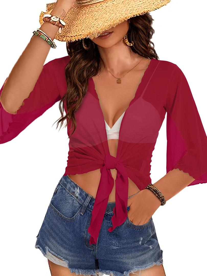 Women's Short Cardigan Bolero Shrug Sheer Tie Front Top 3/4 Sleeve Jacket for Dress (Red, XL)