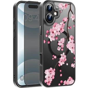 FUNMIKO for iPhone 16 Plus Case with Privacy Screen Protector, Wireless Charging Compatible, Shockproof Translucent Matte Cover - Cute Floral Design Phone Case for Women Girls - Blooming Cherry