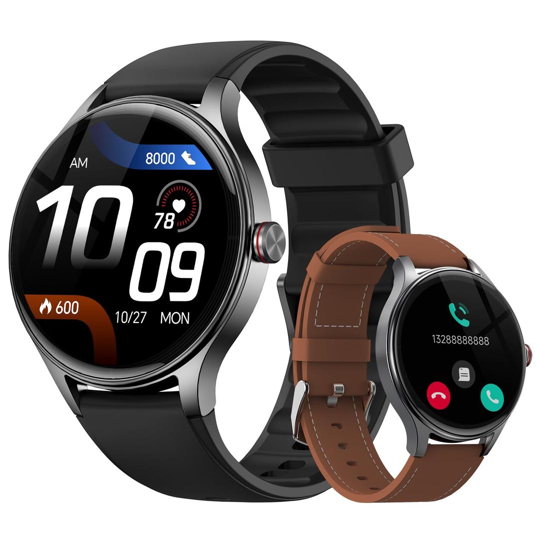 Smart Watches for Men/Women (2 Bands), 1.27“ Round Smartwatch Fitness Tracker with Bluetooth Calls (Make/Answer), Heart Rate/SpO2/Sleep Monitor, 12 Days Battery, IP68 Waterproof