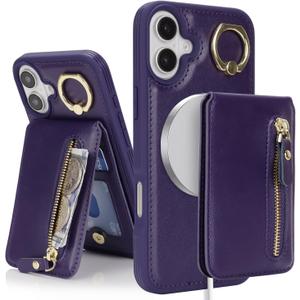 for iPhone 16 Plus Phone case with Card Holder with Compatible magsafe Magnetic, Key Chain PU Leather Flip Kickstand Detachable 2-in-1 Wallet case for Apple16Plus Women Men-Purple