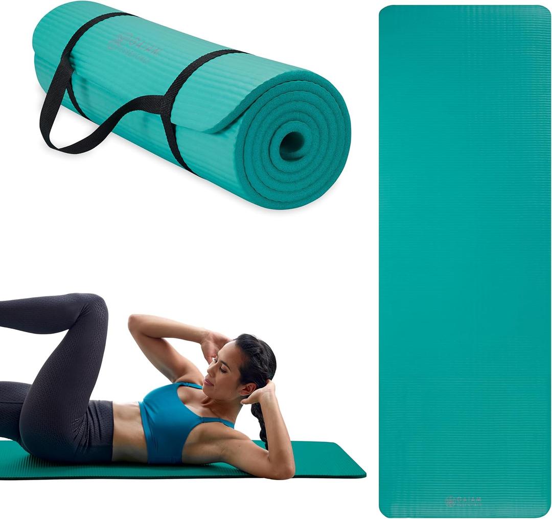 Gaiam Essentials 2/5" Thick (10mm) Yoga & Pilates, Fitness & Exercise Mat with Easy-Cinch Carrier Strap Cushion Support For Fitness and Gym Workouts (Teal)