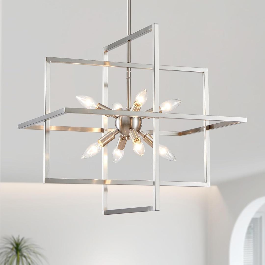 Geometric Chandelier Brushed Nickel Chandelier 8 Lights 22" Modern Pendant Lighting Fixture Farmhouse Ceiling Light for Dining Room Kitchen Island Living Room Bedroom Hallway