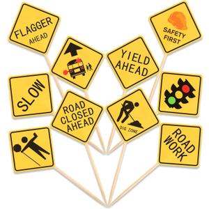 Outus 100 Pieces Construction Cupcake Topper Road Sign Birthday Cake Toppers Construction Theme Cupcake Toppers Cake Decorations Road Sign Picks for Birthday Party Supplies