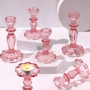 Pink Candlestick Holders Set of 6, Taper Candle Holders, 4.3" H & 6.3" H Glass Candle Holder for Candlesticks & Pillar Candles, Candle Holder for Table Centerpieces, Wedding and Mother's Day