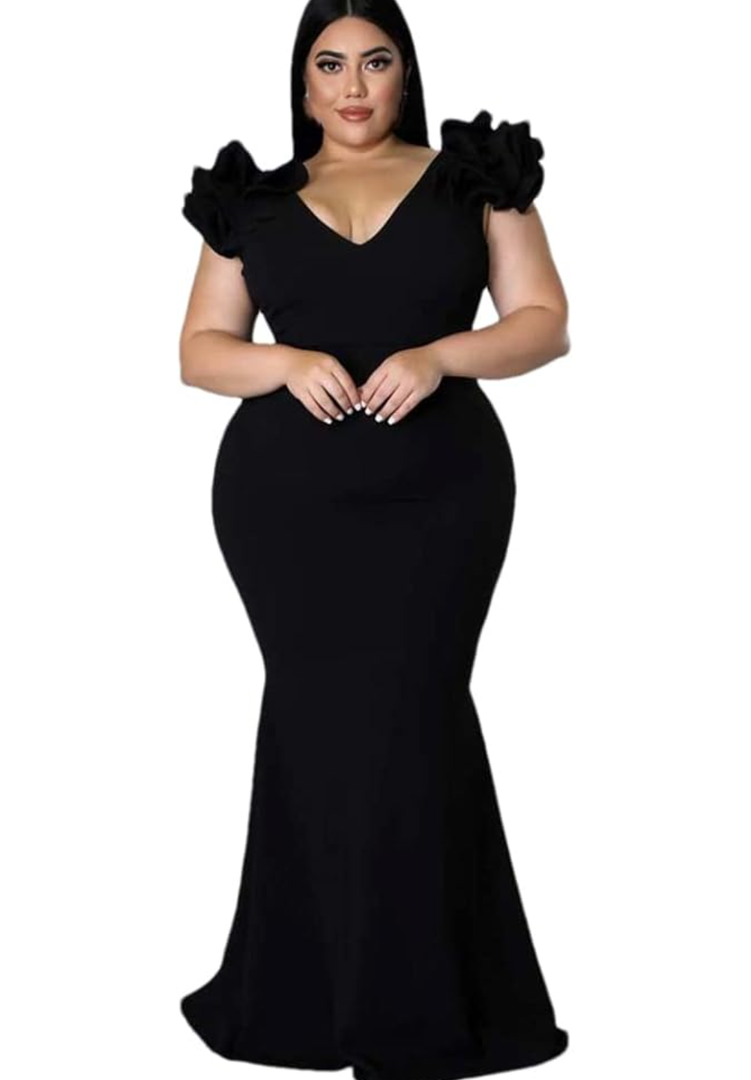 Plus Size Evening Dress Lady Ruffle Backless Large Sizes Women Party Maxi Long Dresses, 5 XL