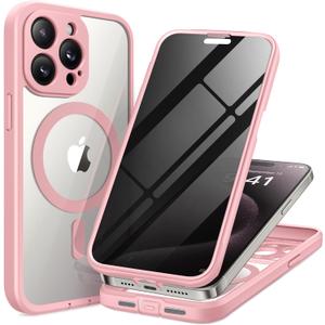 Magnetic for iPhone 15 Pro Case, Compatible with MagSafe, Built-in Privacy Screen Protector and Camera Protection, Anti Spy Full Body Dustproof Shockproof Hard Phone Case 6.1", Pink