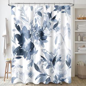 MAYZUS Extra Long Shower Curtain 72 x 96 Inch, Floor to Ceiling X-Long Tall Watercolor Floral Fabric Shower Curtain, Modern Abstract Navy Blue Flower Bathroom Shower Curtain Set with Hooks