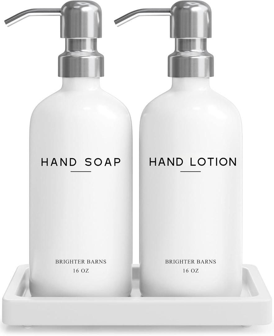 White Glass Soap and Lotion Dispenser Set by Brighter Barns - Bathroom Soap Dispenser Set Tray - Liquid Hand Soap Dispenser Pump - Modern Bathroom Accessories for Guest, Hotel, Spa, Restaurant (White) (Silver Sl)