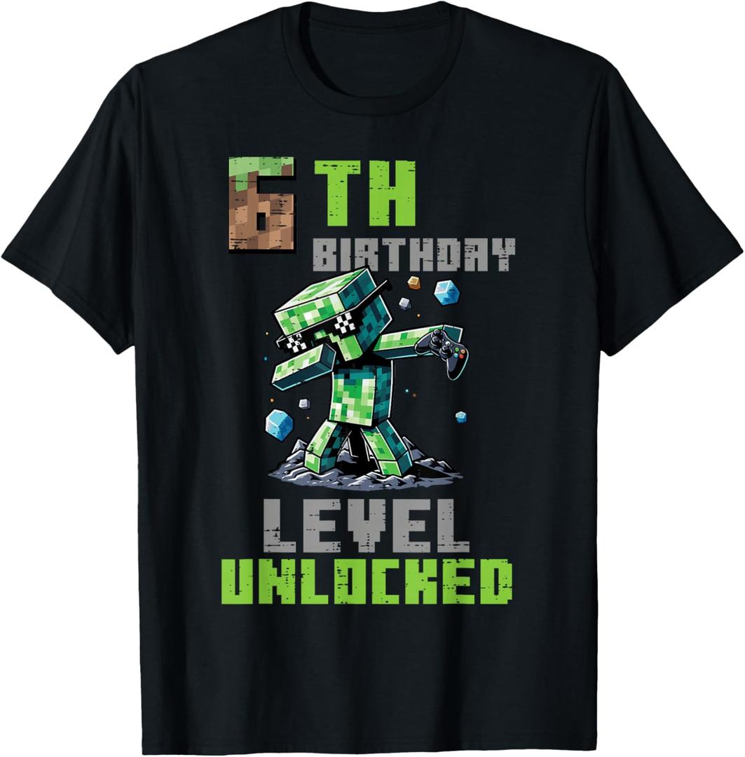 6th Birthday Level Unlocked Pixel Dab 6 Bday Gamer Boys Kids T-Shirt, XS
