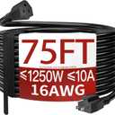 16/3 75 Ft Outdoor Extension Cord Waterproof, Weatherproof & Flame Retardant Black 3 Prong Power Cord Outside for Lawn & Garden, 10 Amps 1250 Watts 125 VAC 16AWG SJTW, ETL Listed