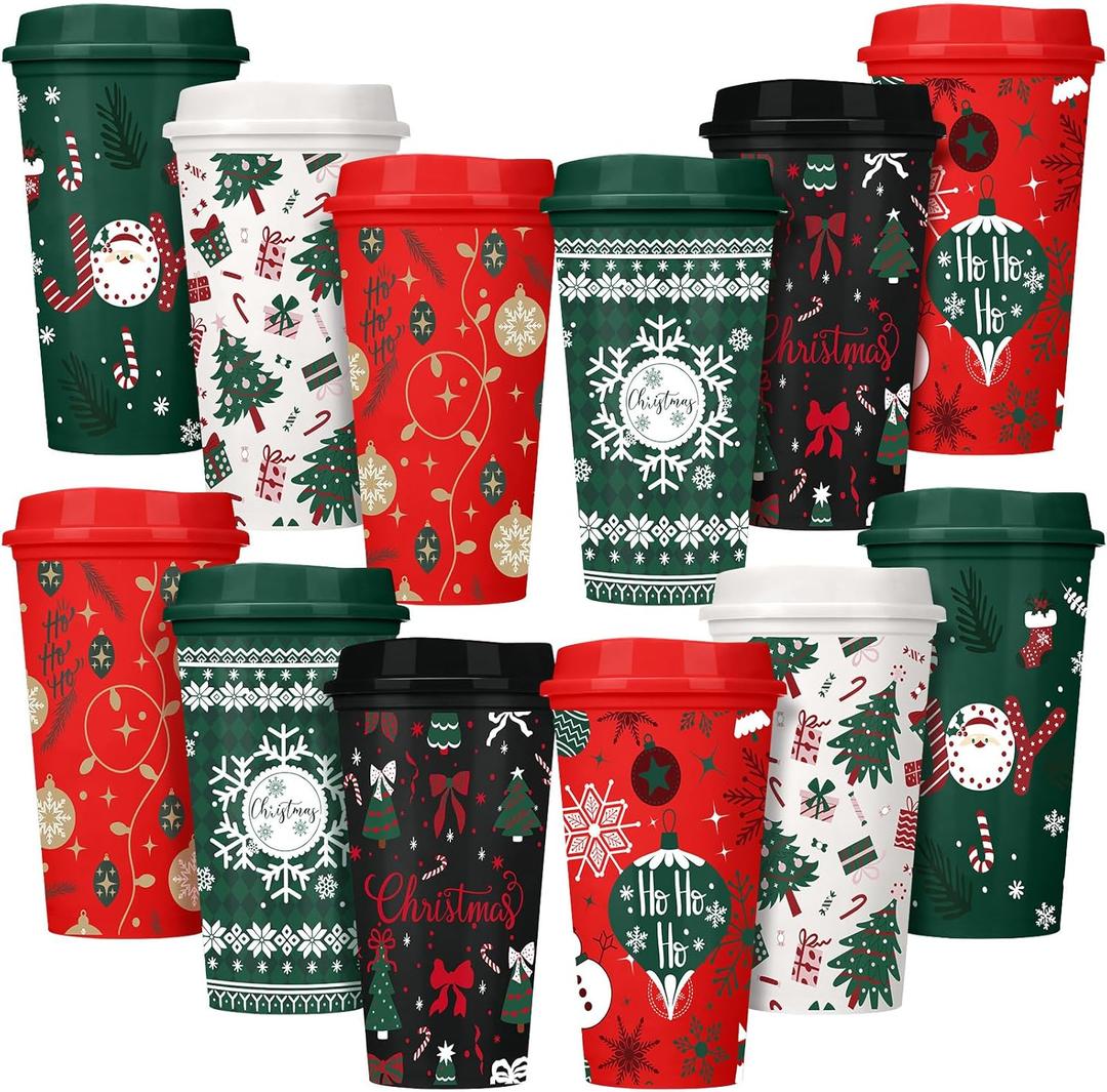 Pickmesh 12 Pack Christmas Coffee Cups Gifts Bulk 16 oz Reusable Coffee Cup Tumblers with Lid Plastic Cups Travel Mug Thank You Gifts for Women Coworkers Holiday Drinks (Retro Style)