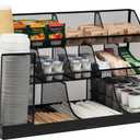 Mind Reader Cup and Condiment Station, Breakroom Countertop Organizer, 3-Tier Storage for Office Coffee Stations and Shared Spaces, Metal Mesh, Black