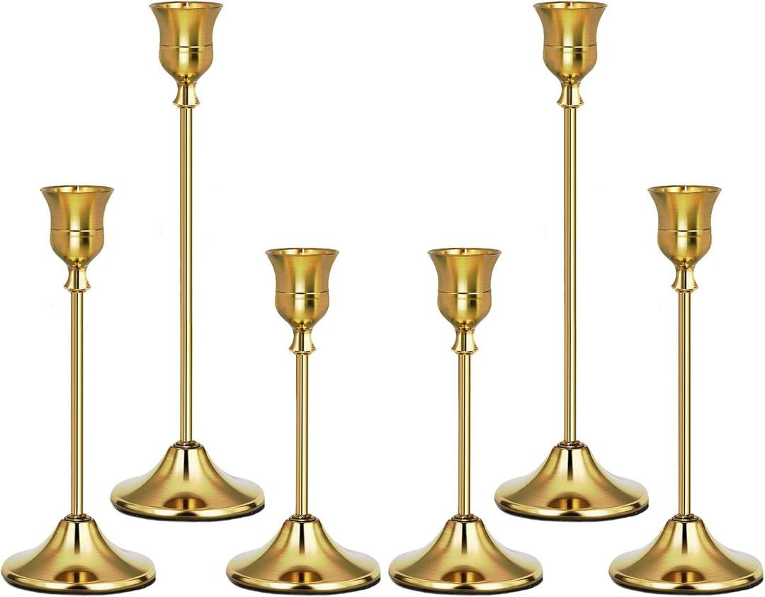 Gold Candlestick Holders Set of 6, Weighted, Metal Taper Candle Stick Holders, Vintage Christmas Brass Home Decor for Table, Mantel, Room Decorations Housewarming Gift Gold-6
