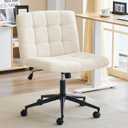 Furnimart Swivel Criss Cross Legged Chair with Wheels for Home Office, Wide Armless Desk Chair Height Adjustable Comfy Seat for Desk,Vanity, Bedroom, Faux Fur White