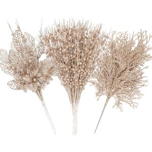 30 Pack Champagne Christmas Tree Picks and Sprays, Christmas Tree Ornaments Artificial Flowers Glitter Berry Stems Faux Cedar Branches for Winter Wedding Holiday Party Home Garland DIY Xmas Decoration