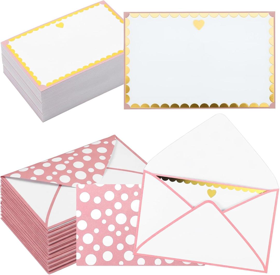 Eaasty 100 Sets Pink Note Cards for Wedding Gold Heart Personalized Note Cards with Envelopes Stationery Set Flat Blank Notes for Graduation Baby Shower Birthday Party Supplies, 5.6" x 3.5 "