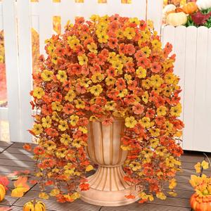 Dolicer 4 Pcs Look Real Artificial Fall Flowers for Outdoors, Realistic Faux Mums for Outdoor Planter UV Resistant Fake Fall Flowers Artificial for Decoration Autumn Porch Patio Garden (Orange+Yellow)