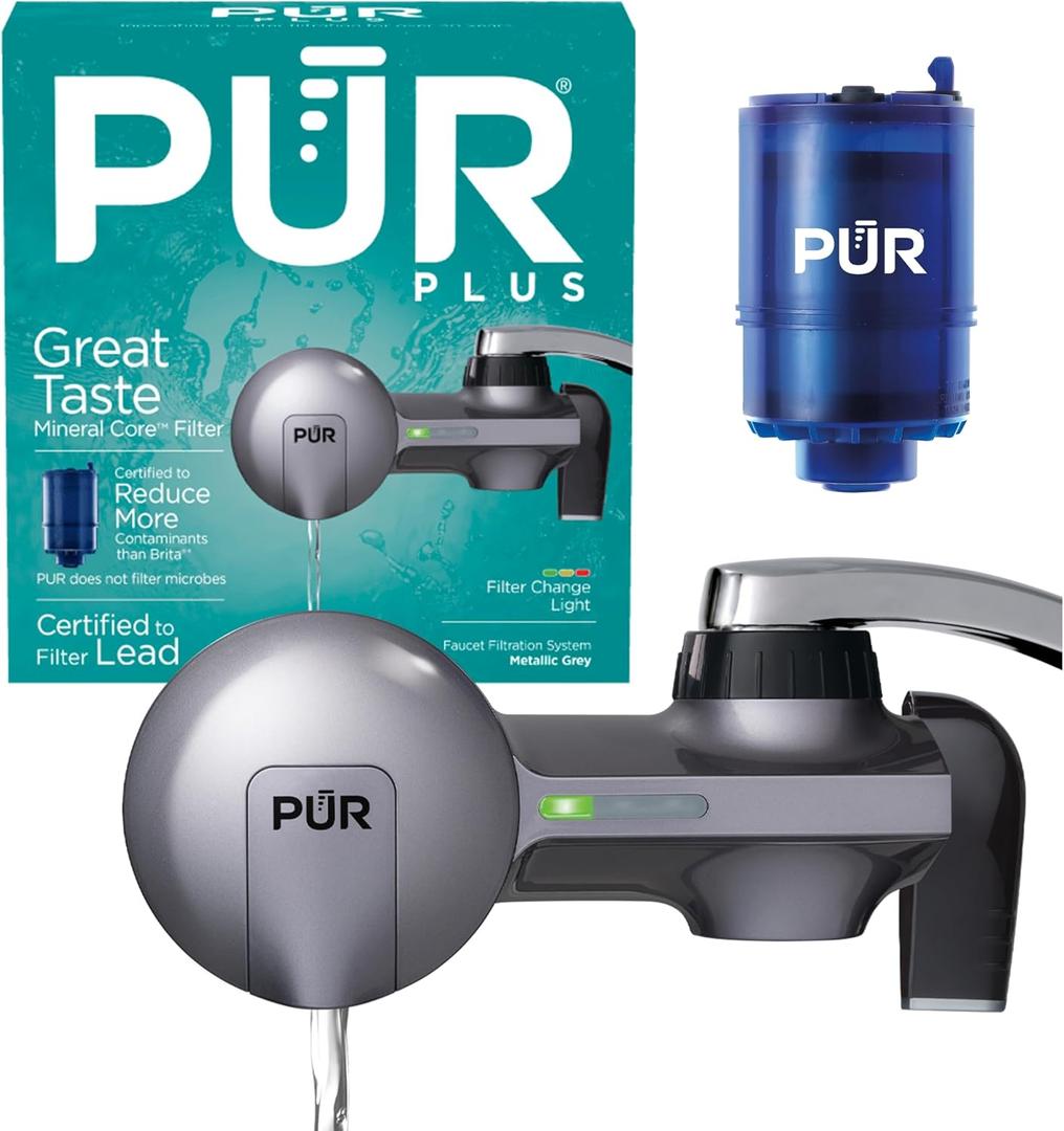 PUR Plus Horizontal Faucet Mount Filtration System with 3-in-1 Lead Reducing Filter, Water Filter for Sink, Lasts 100 Gallons, Compatible with Sinks with External Aerators, Metallic Grey