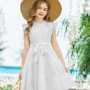 Arshiner Tween Girls Summer Dress Formal Ruffle Sleeve A Line Casual Elegant Dresses with Belt (White) 14