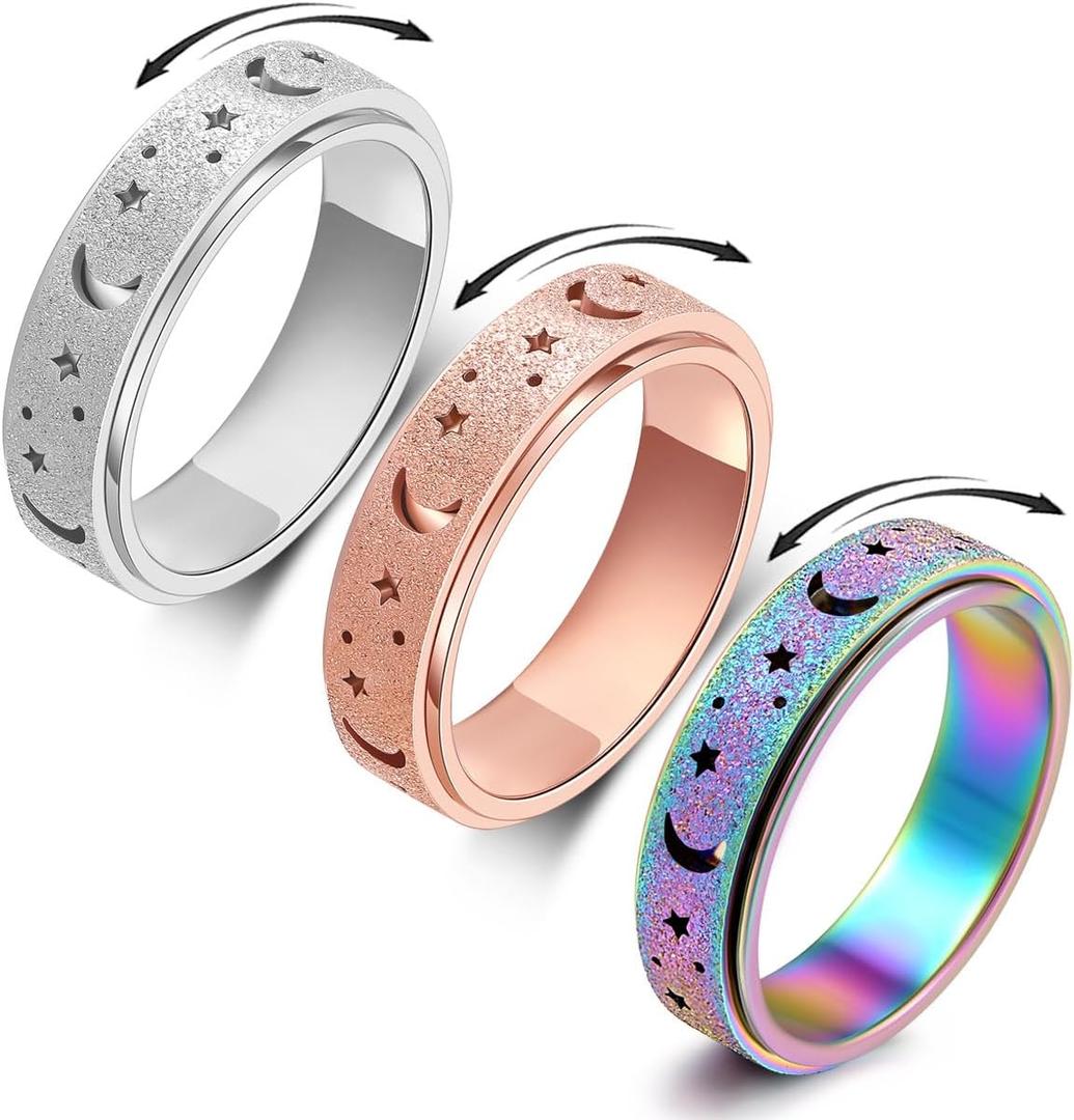 OreilleStar Anxiety Ring for Women Spinner Ring Fidget Ring Fidget Toys Adults Spinner Fidget Rings Stainless Steel Rose Gold Silver Rainbow Size 6