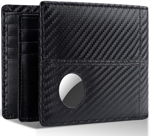 Swallowmall AirTag Wallet Mens RFID Blocking Genuine Bifold Leather Wallets for air tag Men's Wallet with 1 ID Window 15 Card Slots (Airtag Not included) BlackStripe-172AT