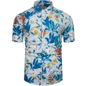TUNEVUSE Men Floral Shirt Short Sleeve Button Down Flower Shirt Summer Beach Hawaiian Shirt Cotton (Blue, XL)