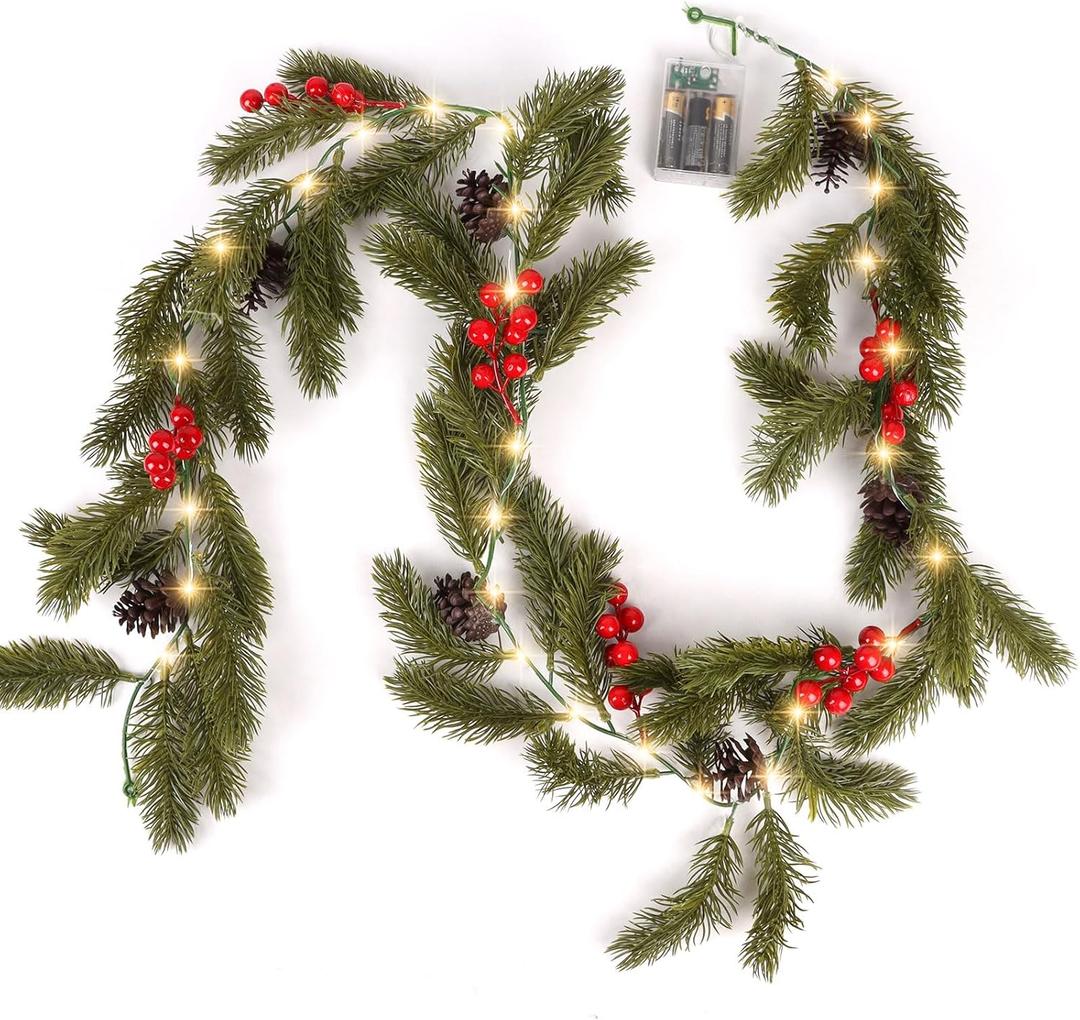 CCINEE Christmas Garland with Lights, 6 FT Battery Operated Prelit Norfolk Pine Garland with 35 LEDs Red Berries Pine Cones Artificial Decoration for Mantle Stairs Fireplace Table Christmas Decor