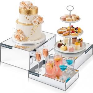 3 Pack Extra Large Acrylic Risers - 14, 12, 10 Silver Display Stands with Hollow Bottoms, Cube Buffet Riser Boxes Nesting for Dessert Food Catering Buffet Display Party Supplies