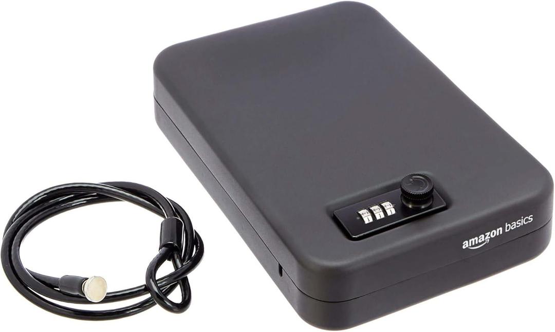 Amazon Basics Portable Security Case Lock Box Safe, Small Lock Box with Code, for College Dorm Room, Home, Combination Lock, Large, Black