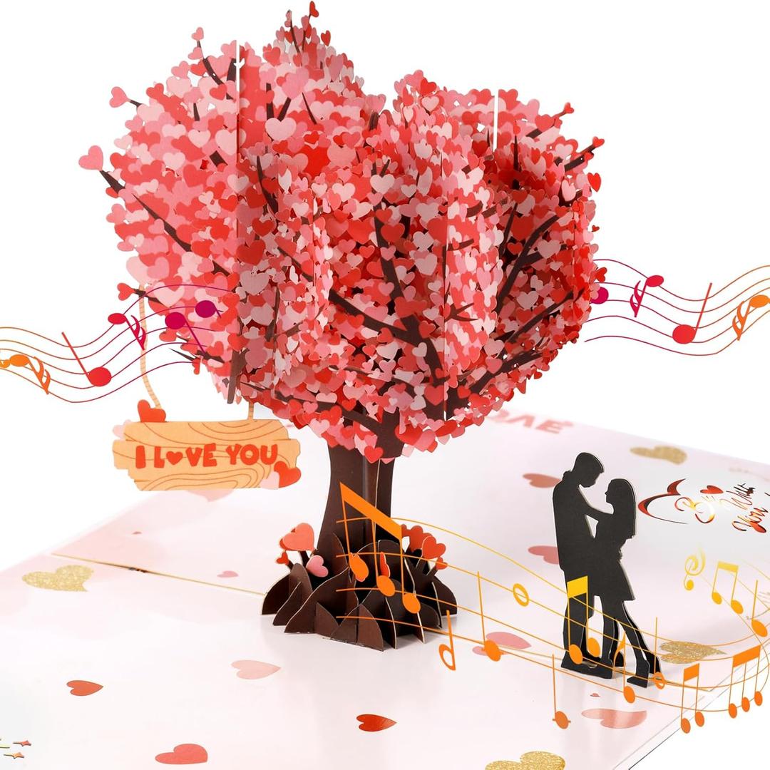 Justforjoyful Pop Up 3D Cards for Her Lights & Music Romantic Love Heart Tree Anniversary Card Greeting Card Wedding Card for Him, Wife, Husband with Envelope and Blank Note Present Gift Pink