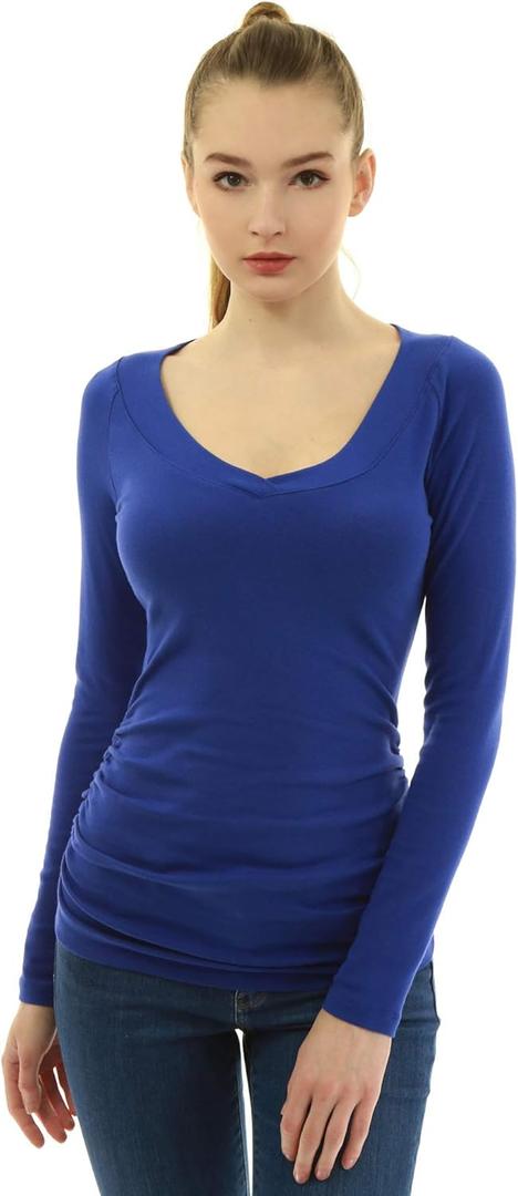 AmlieBoutik Women V Neck Raglan Long Sleeve Ruched Sides Top (X-Small, Blue)