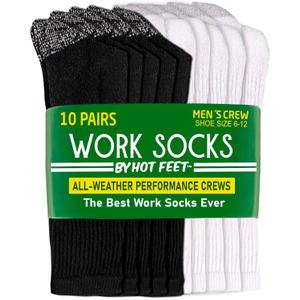 HOT FEET Work Socks for Men, Long All Weather Boot Crew Cotton Socks, Cushioned, Moisture Wicking, Stocking Stuffers (6-12.5, White/Black)