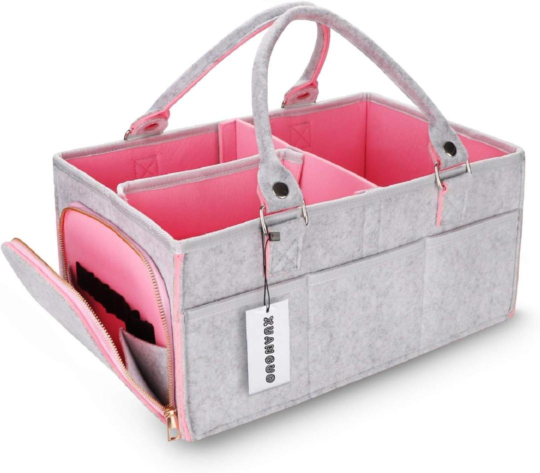 XUANGUO Large Felt Baby Diaper Caddy Organizer with Handles for Girls, Pink