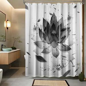 Yieldeer Black and White Lotus Shower Curtain, Black Grey Ink Floral Shower Curtains for Bathroom Decor Set, Waterproof Fabric with Hooks 70 x 72 Inches