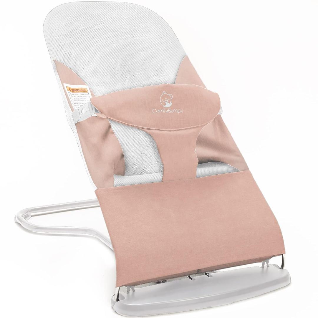 ComfyBumpy Ergonomic Baby Bouncer Seat - Bonus Travel Carry Case - Safe, Portable Bouncing Chair with Adjustable Height Positions - Infant Sleeper Bouncy Seat Perfect for Newborn Babies (Pink)