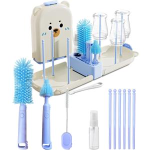 Blue Travel Bottle Cleaner Kit with Drying Rack 6-in-1 Baby Bottle Washer & Silicone Brush Set for Pump Parts, Nipples & Straws Portable Baby Travel Essential in Compact Case