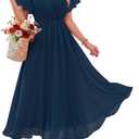 Bebonnie Womens Summer Wrap V Neck Short Sleeve Flowy Layers Chiffon Wedding Guest Maxi Dresses (Blue, L)