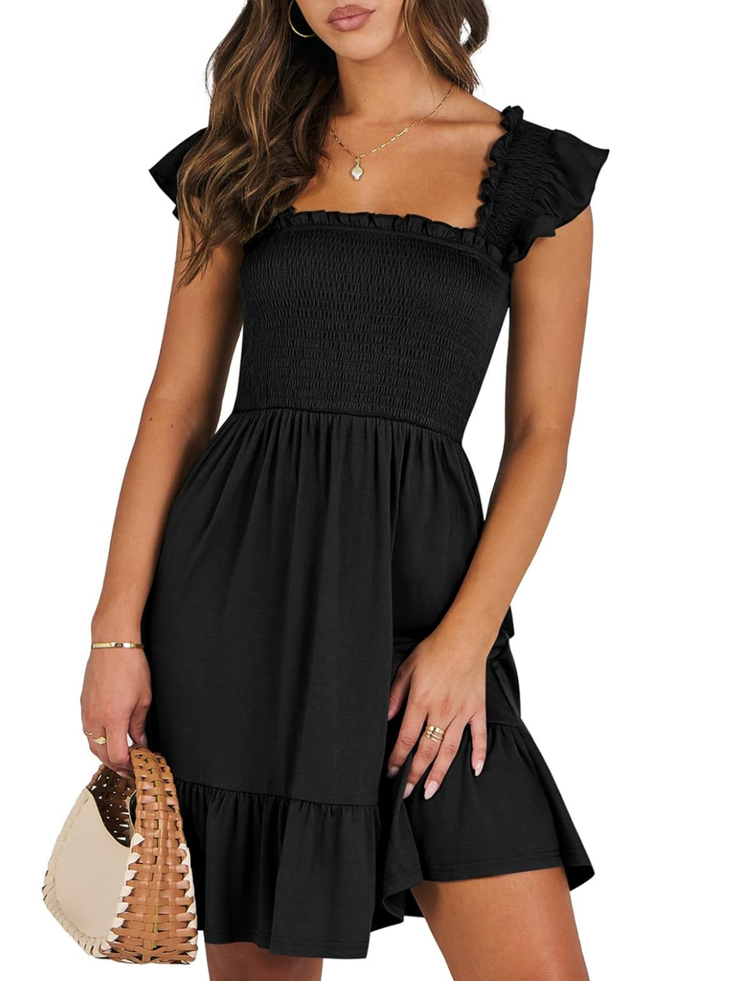ANRABESS Women's Summer Casual Sleeveless Square Neck Dress 2025 Smocked Ruffle Backless Boho Beach Cute Teen Short Sundress, S