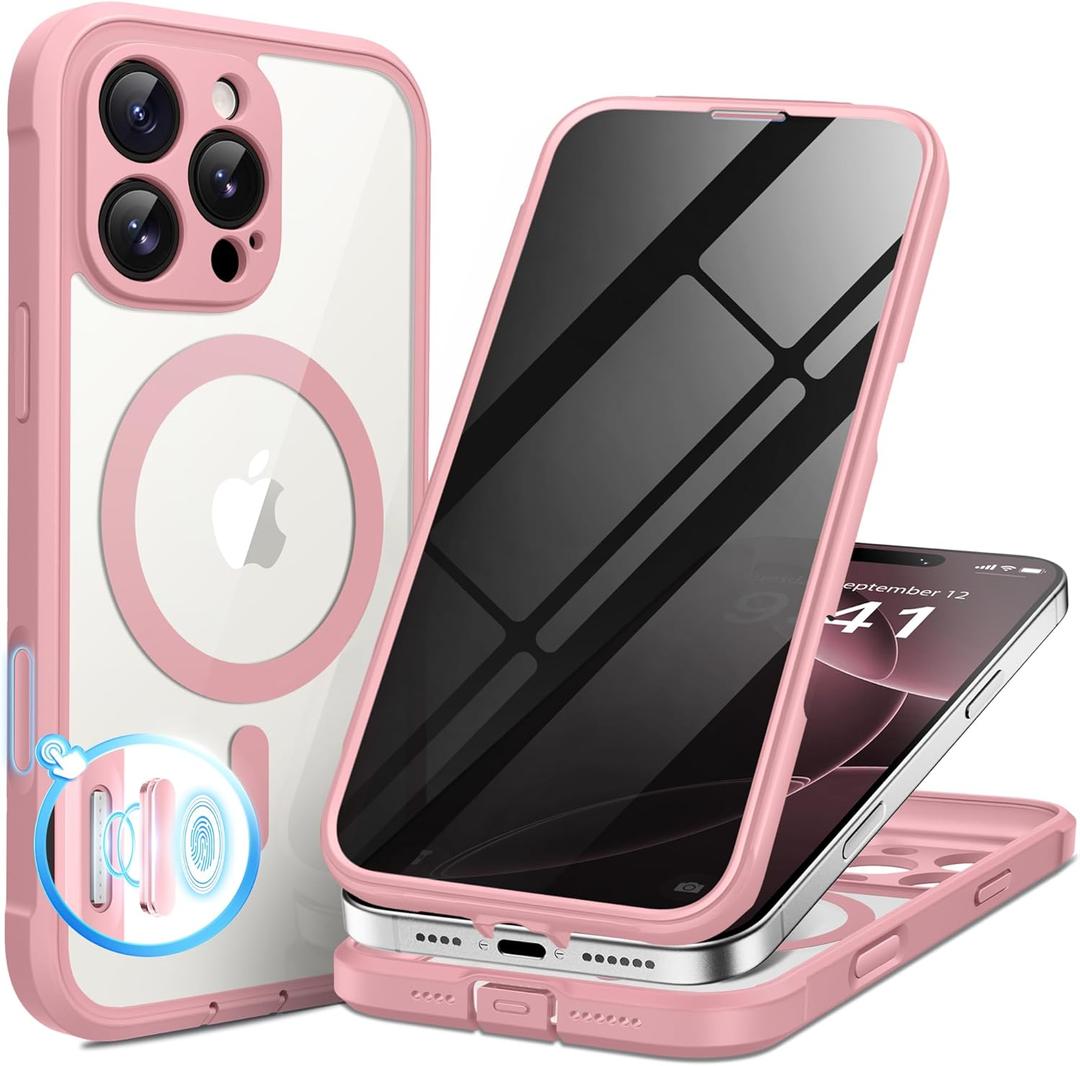 BERFY for iPhone 16 Pro Case, Compatible with MagSafe, Built-in Privacy Screen Protector and Camera Protection, Anti-Spy Full Body Shockproof Phone Case for 16 Pro 6.3", Clear Pink