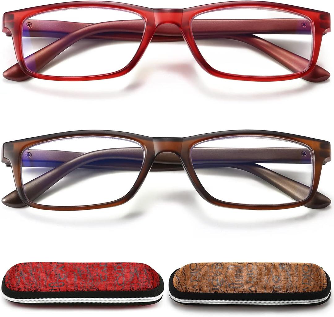 Reading Glasses 2.0 Blue Light Blocking for Men Women,Rectangular Frame Computer Readers with Spring Hinge,Anti Eyestrain/UV Ray Flexible Eyeglasses (2-Pack/Case)
