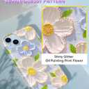 Case for iPhone 14 iPhone 13 Sparkle Glitter Retro Oil Painting Printed Flower Design Slim Shockproof Protective TPU Soft Silicone Cover Phone Case Blue White