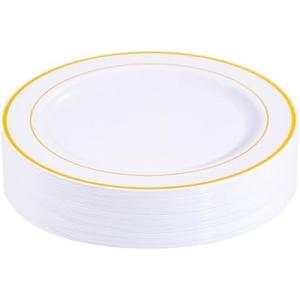bUCLA 30PCS White and Gold Plastic Dinner Plates Disposable - 10.25inch Premium White Gold Rim Weddings and Party Plates