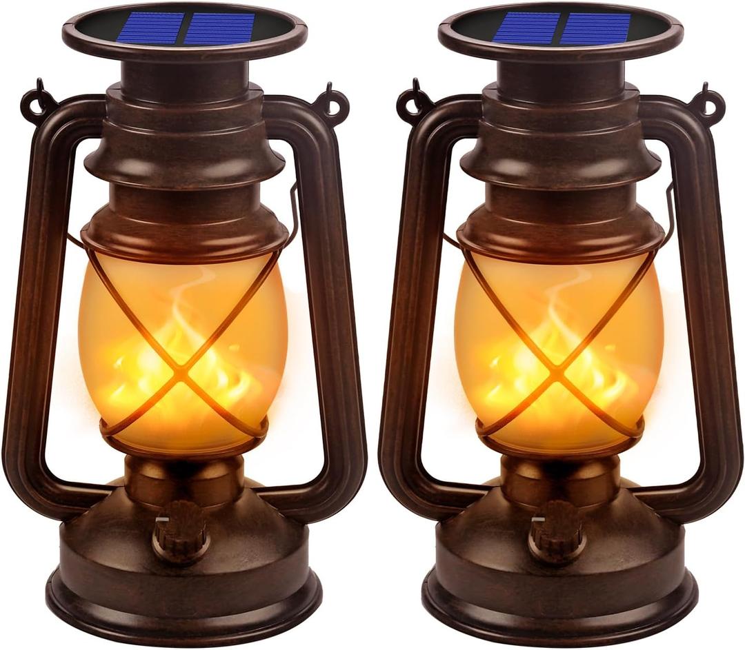 Solar Lantern Outdoor Hanging Solar Lights Dancing Flame Led Waterproof Camping Lamps, Landscape Decor for Table Patio Garden Yard Pathway Porch 2 Pack, Bronze 