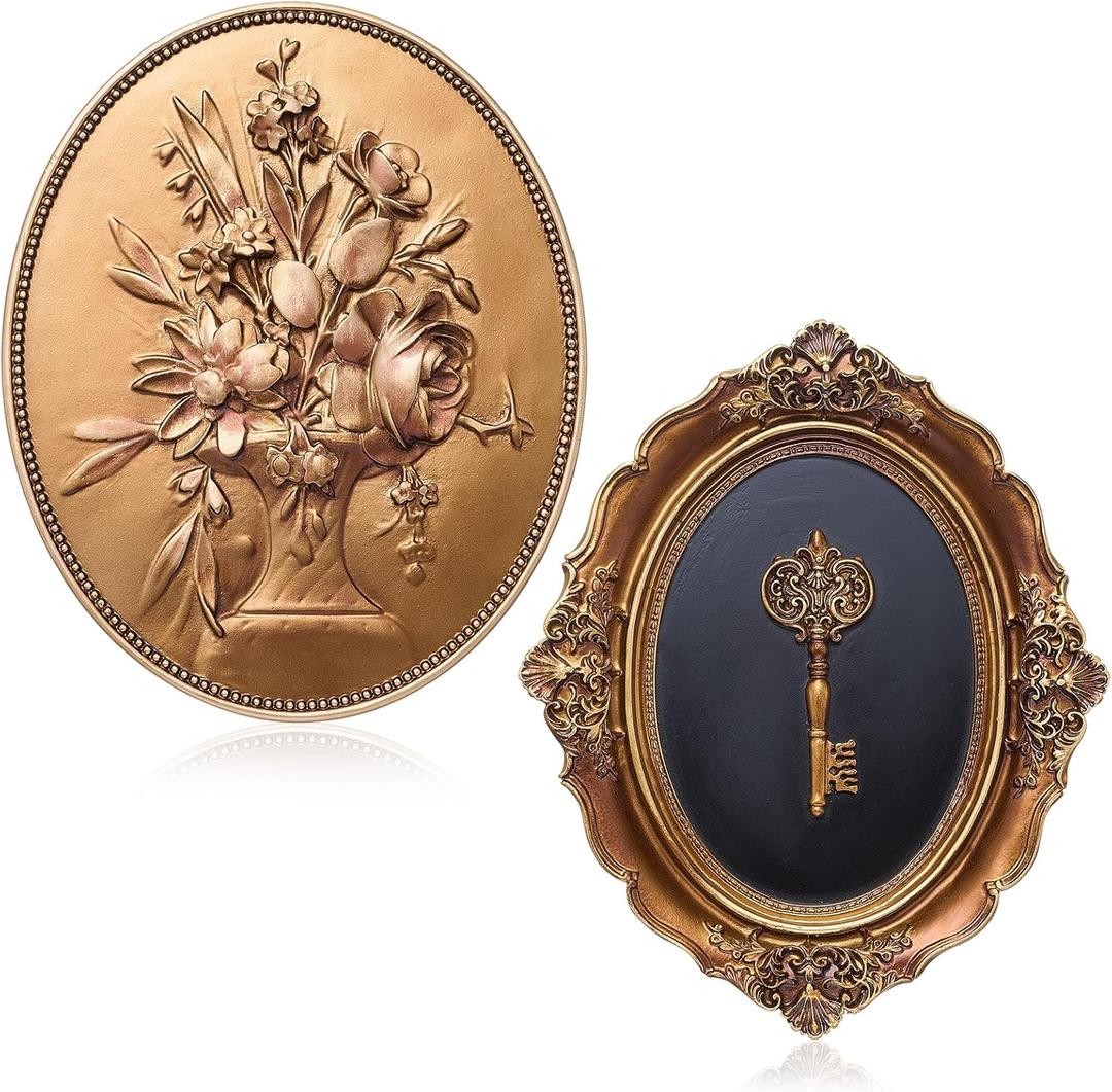 Kathfly 2 Pack Vintage Wall Sculptures Gold Flower Wall Art and Oval Embossed Intricate Key Decor Antique Statue Victorian Hanging Decor for Gallery Living Room Entryway, Gift for Couple Housewarming