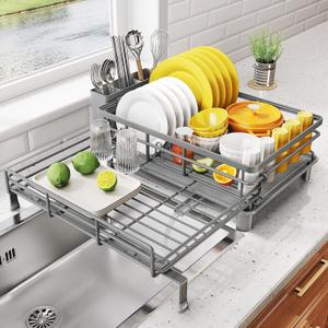 SNTD Dish Drying Rack - Extendable Dish Rack, Large Sink Drying Dish Drainer for Kitchen Counter, Stainless Steel Dish Strainer with Utensil Holder (Grey) (Gray)