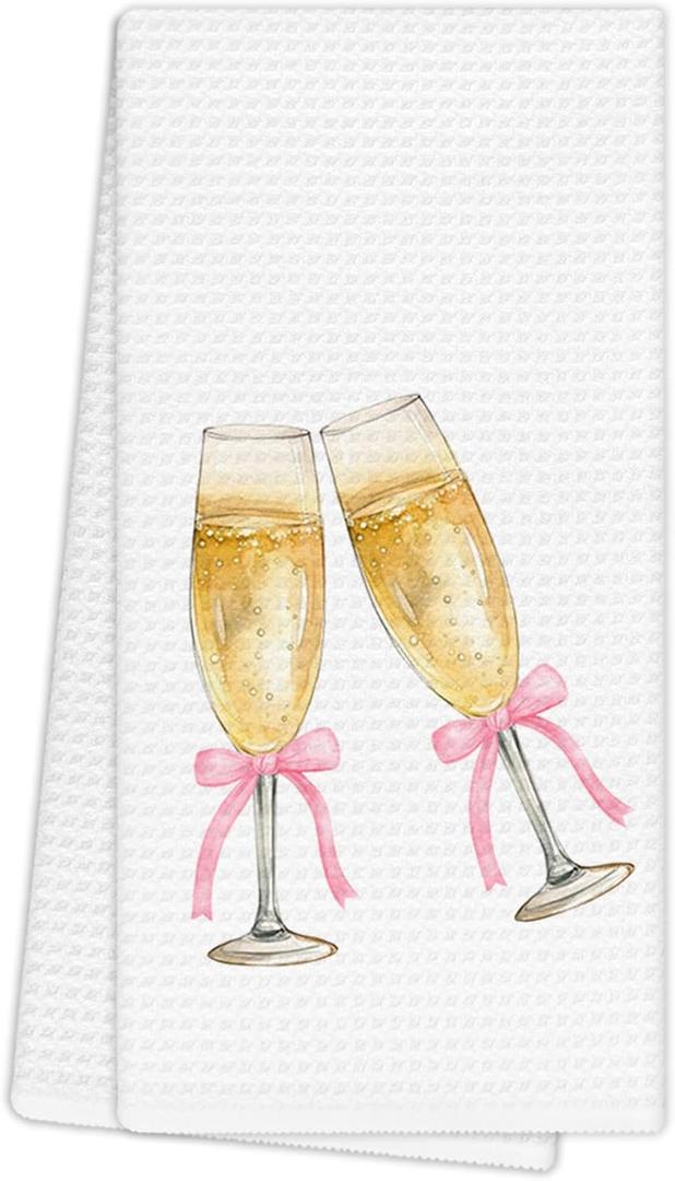 EGBTL Coquette Pink Bow Champagne Kitchen Towels, Champagne Accessories Hand Towels for Home Bar Cart Bartender Decor, Wine Lover Gifts Dishcloths Dish Towel for Kitchen 16x24 Inches