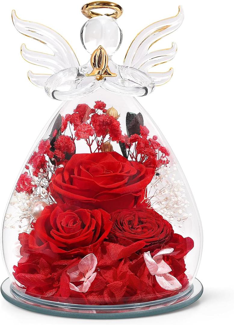 Preserved Rose in Glass Angel Figurine, Mothers Day Gifts for Mom/Wife/Grandma, Forever Flowers Rose Anniversary, Graduation or Birthday Gifts for Women Her