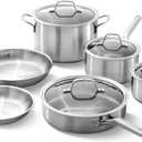 Calphalon Brushed 3-Ply Stainless Steel Cookware Set w/Turbo Heat Tech 10 Piece Includes Frying Pans, Pots and Pans Set, Induction, Oven Safe 450F, Brushed Stainless Silver