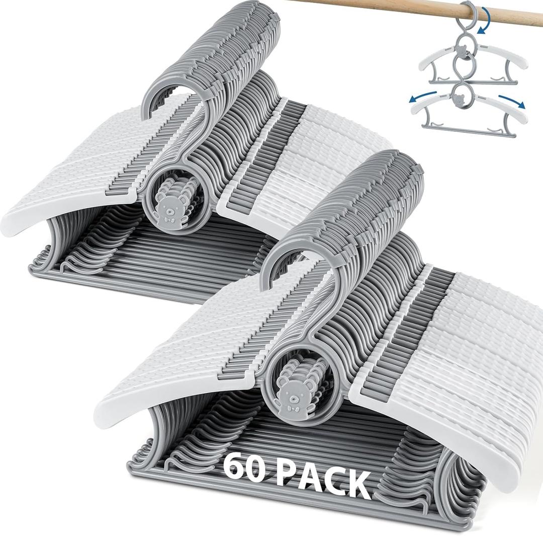 Baby Hangers 60 Pack Kids Hanger-Extendable Adjustable Non-Slip Plastic Kid Hanger for Closet,Stackable Baby Clothes Hangers for Toddler Kids Children Infant Teen,Grey Bear Toddler Hangeres (Gray)